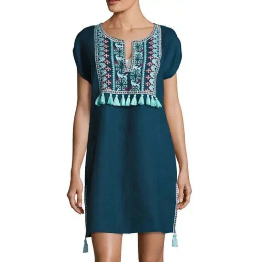 Seafolly Embroidered Cover Up Linen‎ Dress Tassels Blue Turquoise Bohemian Small
